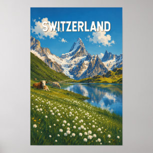 Switzerland Cows Cow Illustration Travel Art Retro Poster