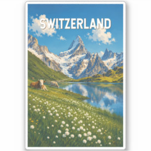 Switzerland Cows Cow Illustration Travel Art Retro Sticker