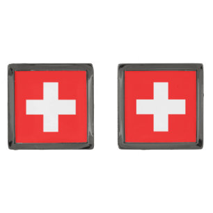 Switzerland Flag Inscription Red White Patriotic Cufflinks