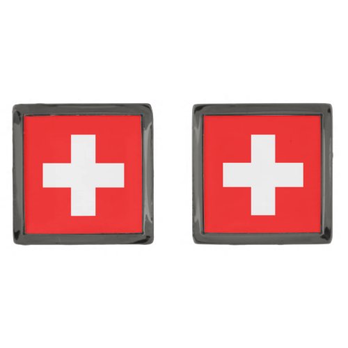Switzerland Flag Inscription Red White Patriotic Cufflinks