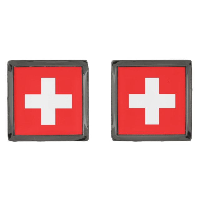 Switzerland Flag Inscription Red White Patriotic Cufflinks (Front)