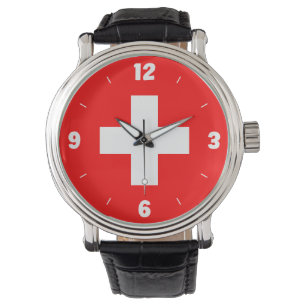 Switzerland Flag Numbers Red White Cross Patriotic Watch