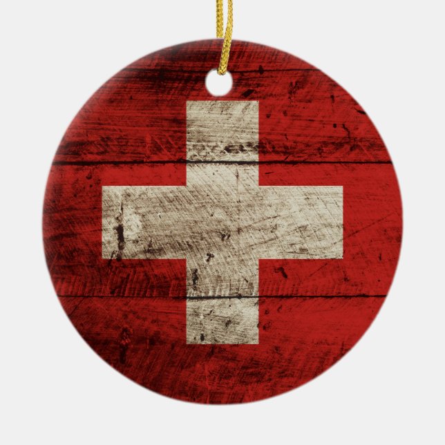 Switzerland Flag on Old Wood Grain Ceramic Ornament (Front)