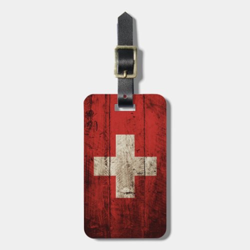 Switzerland Flag on Old Wood Grain Luggage Tag