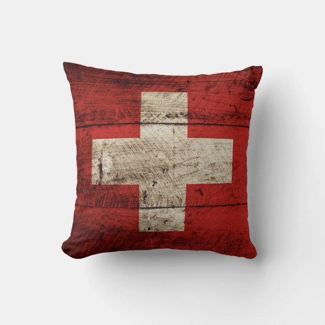 Switzerland Flag on Old Wood Grain Throw Pillow (Front)
