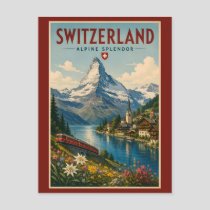 Switzerland Illustration Travel Art Vintage Postcard