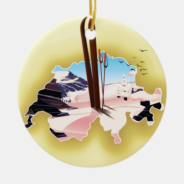 Switzerland map Ski travel poster. Ceramic Ornament (Front)