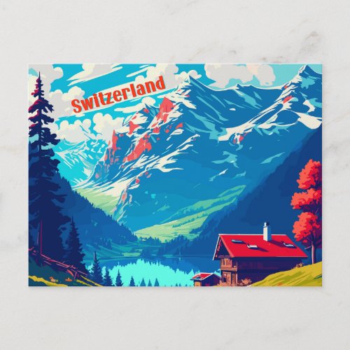 Switzerland Retro Alpine Chalet Travel Postcard