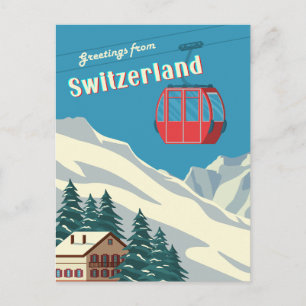 Switzerland Retro Snowy Mountain Gondola Postcard
