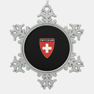 Switzerland Shield Snowflake Pewter Christmas Ornament