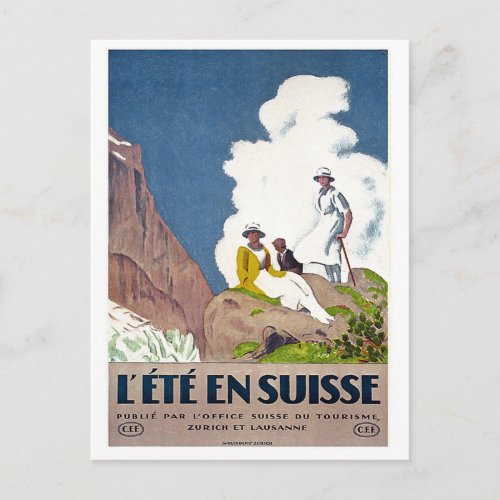 Switzerland summer picnic on mountains vintage postcard