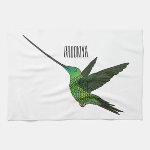 Sword-billed hummingbird cartoon illustration kitchen towel