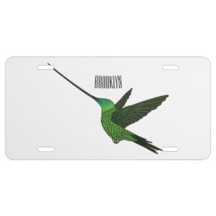 Sword-billed hummingbird cartoon illustration license plate