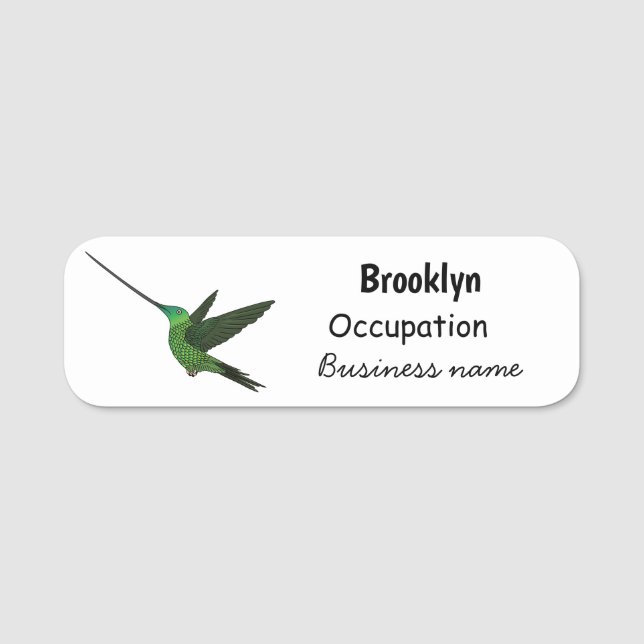 Sword-billed hummingbird cartoon illustration name tag (Front)