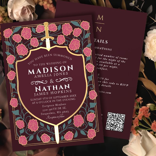 Sword Shield Fantasy Monogram Wedding QR Code Invitation (Creator Uploaded)