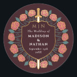 Sword & Shield Medieval Fantasy Monogram Wedding Classic Round Sticker<br><div class="desc">Invite your wedding guests with this Royal Sword & Shield Medieval Fantasy Monogram design. This design is perfect for couples seeking a regal, yet modern-day medieval fantasy aesthetic. Personalize the text, font, and colors to suit your design preferences. Matching Items in our shop for a complete party theme. Design is...</div>