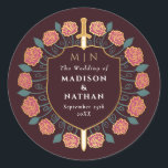 Sword & Shield Medieval Fantasy Monogram Wedding Classic Round Sticker<br><div class="desc">Invite your wedding guests with this Royal Sword & Shield Medieval Fantasy Monogram design. This design is perfect for couples seeking a regal, yet modern-day medieval fantasy aesthetic. Personalize the text, font, and colors to suit your design preferences. Matching Items in our shop for a complete party theme. Design is...</div>