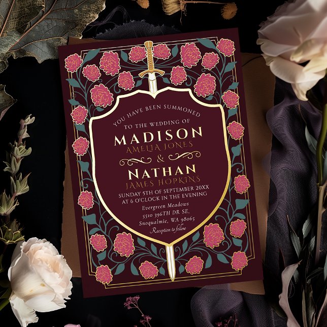 Sword & Shield Medieval Fantasy Monogram Wedding  Foil Invitation (Creator Uploaded)