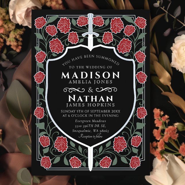 Sword & Shield Medieval Fantasy Monogram Wedding Invitation (Creator Uploaded)