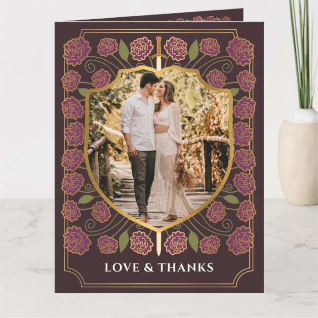 Sword & Shield Medieval Fantasy Monogram Wedding Letterpress Thank You Card (Front)