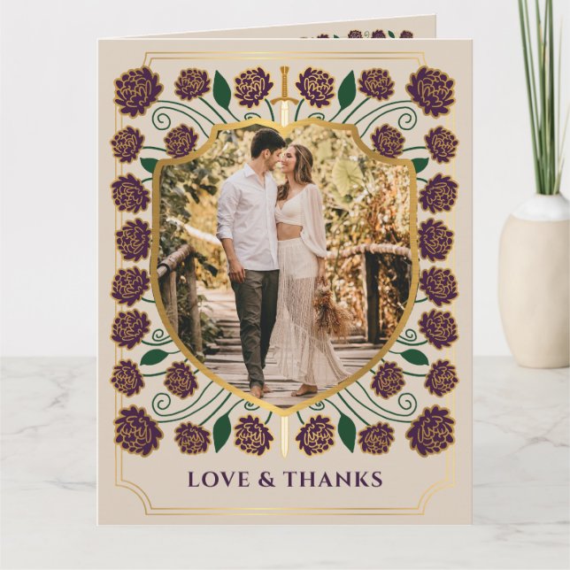 Sword & Shield Medieval Fantasy Monogram Wedding Letterpress Thank You Card (Front)