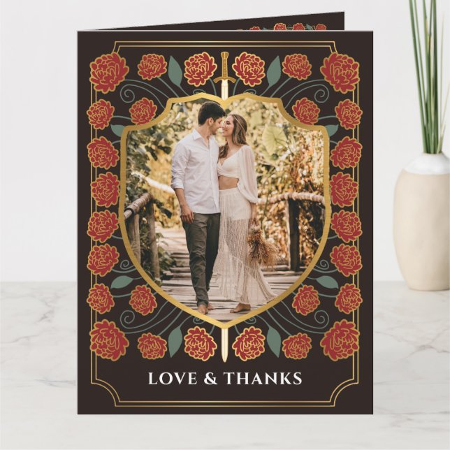 Sword & Shield Medieval Fantasy Monogram Wedding Letterpress Thank You Card (Front)