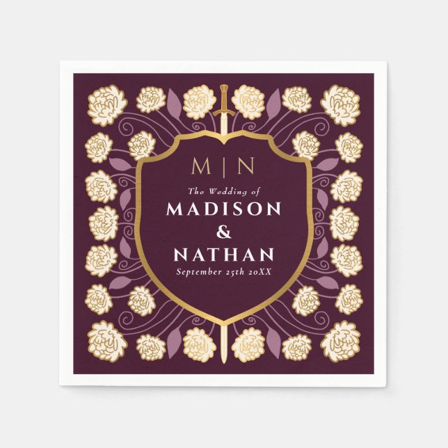 Sword & Shield Medieval Fantasy Monogram Wedding Napkins (Front)