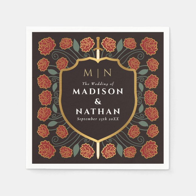 Sword & Shield Medieval Fantasy Monogram Wedding Napkins (Front)