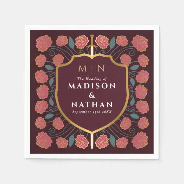 Sword & Shield Medieval Fantasy Monogram Wedding Napkins (Front)