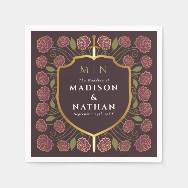 Sword & Shield Medieval Fantasy Monogram Wedding Napkins (Front)