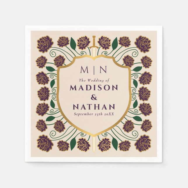 Sword & Shield Medieval Fantasy Monogram Wedding Napkins (Front)