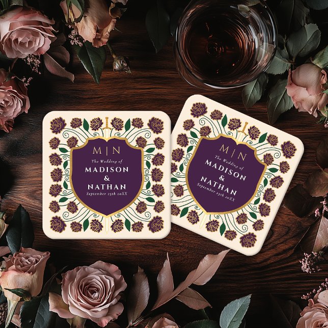 Sword & Shield Medieval Fantasy Monogram Wedding Square Paper Coaster (Creator Uploaded)