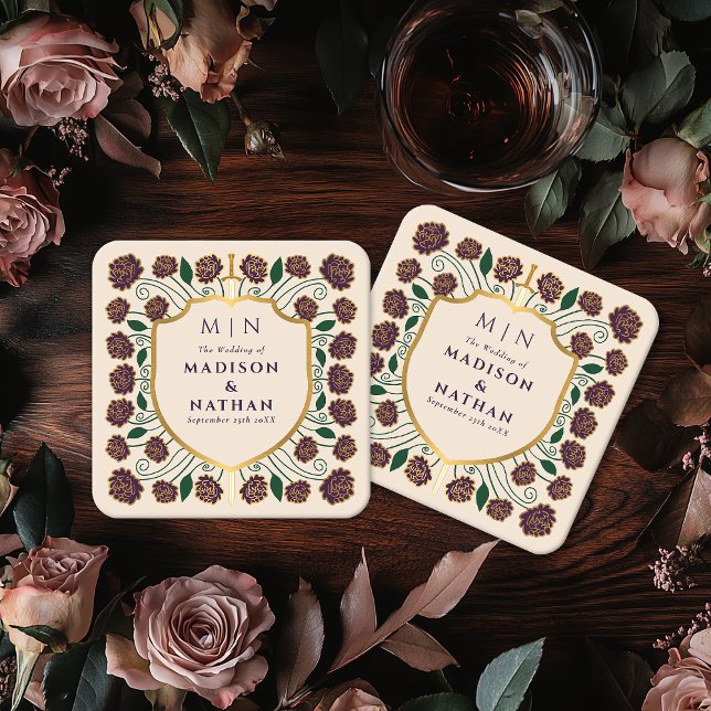 Sword & Shield Medieval Fantasy Monogram Wedding Square Paper Coaster (Creator Uploaded)