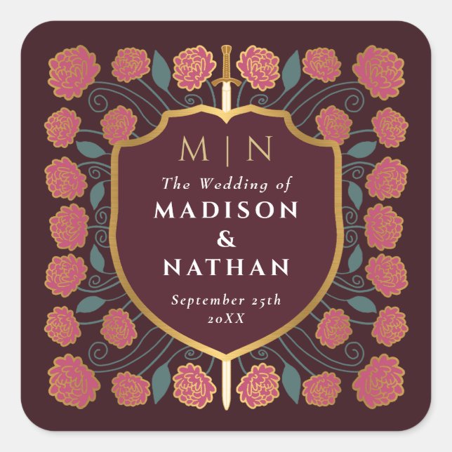 Sword & Shield Medieval Fantasy Monogram Wedding Square Sticker (Front)