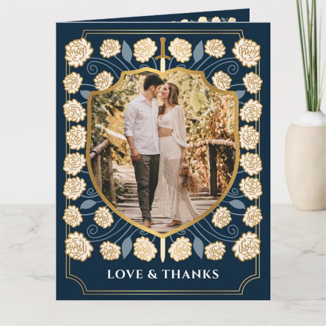 Sword Shield Medieval Fantasy Monogram Wedding Thank You Card (Front)