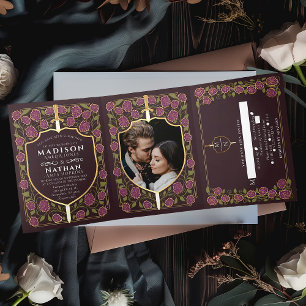 Sword & Shield Medieval Fantasy Monogram Wedding Tri-Fold Invitation