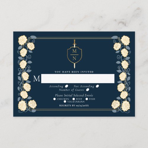 Sword  Shield Medieval Fantasy Wedding RSVP Blue Enclosure Card