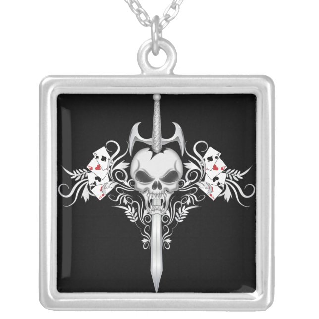 Sword Skull - Black Silver Plated Necklace (Front)
