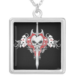 Sword Skull - Red Silver Plated Necklace