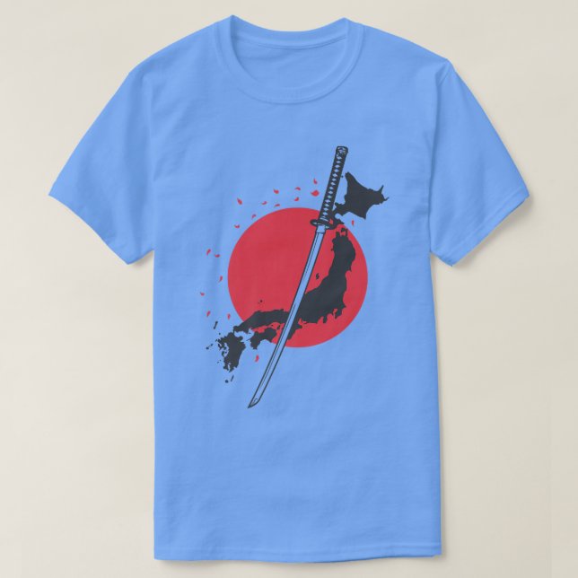 Sword with Map Outline and Flag Japan Samurai  T-Shirt (Design Front)