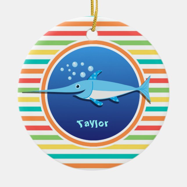 Swordfish; Bright Rainbow Stripes Ceramic Ornament (Front)