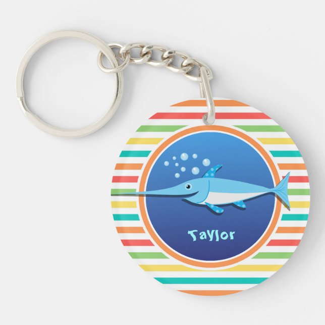 Swordfish; Bright Rainbow Stripes Keychain (Front)