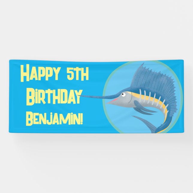 Swordfish sailfish cartoon birthday personalized banner (Horizontal)