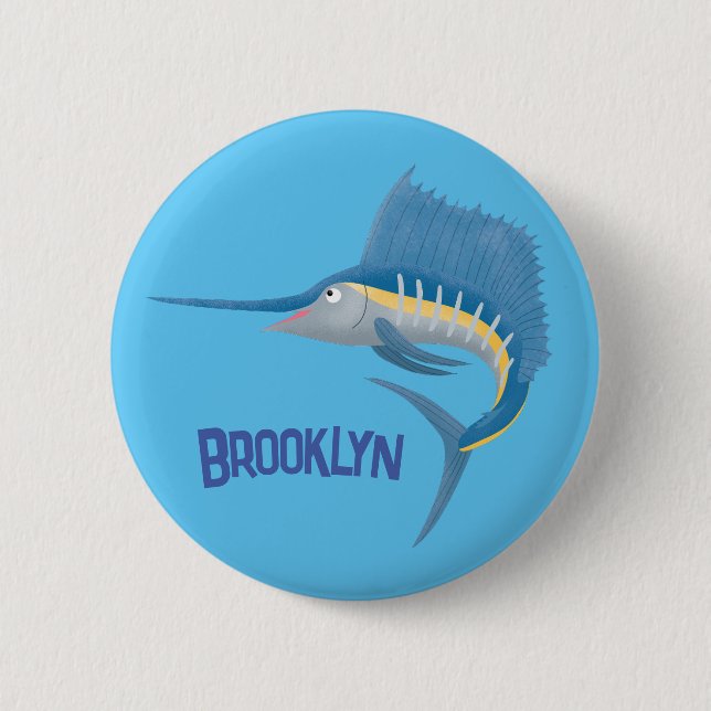 Swordfish sailfish fun cartoon illustration button (Front)