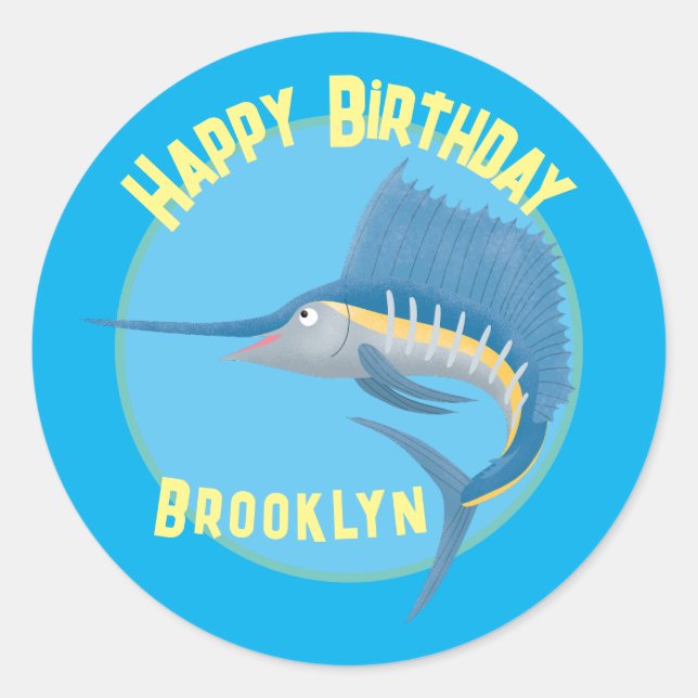 Swordfish sailfish fun cartoon illustration classic round sticker (Front)