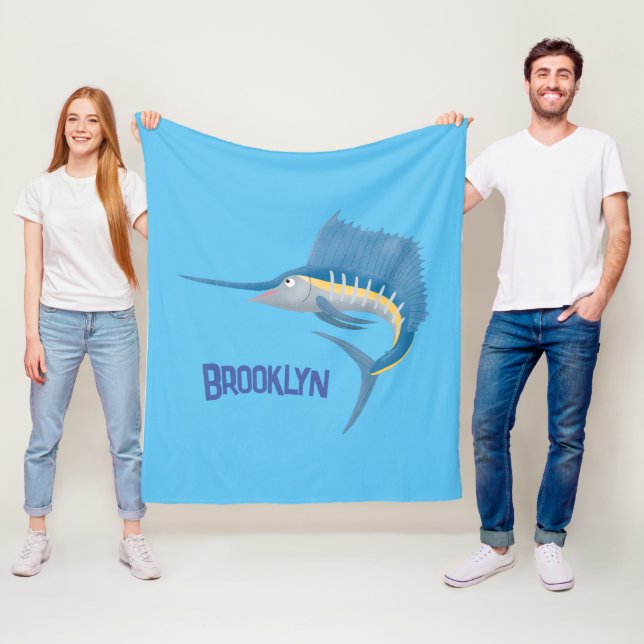 Swordfish sailfish fun cartoon illustration fleece blanket (In Situ)