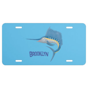 Swordfish sailfish fun cartoon illustration license plate