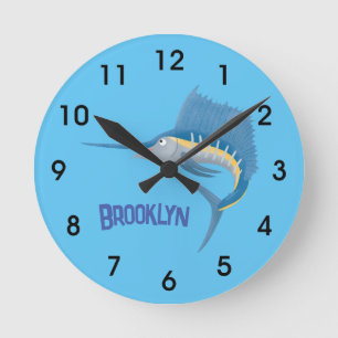 Swordfish sailfish fun cartoon illustration round clock