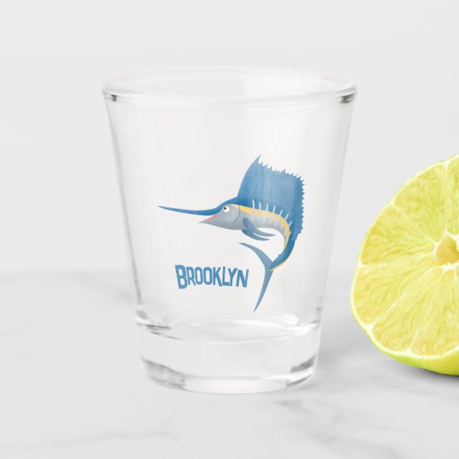 Swordfish sailfish fun cartoon illustration shot glass (Front)