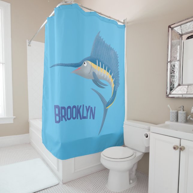 Swordfish sailfish fun cartoon illustration shower curtain (In Situ)
